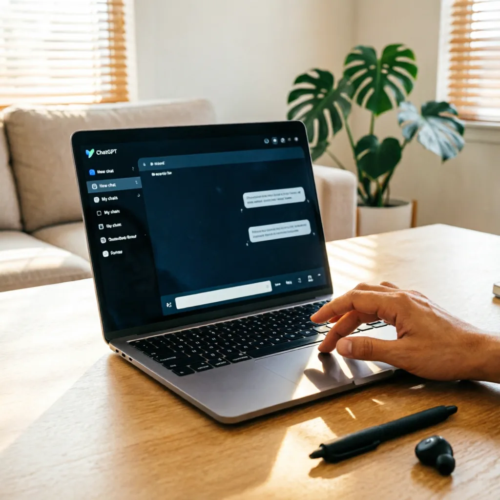 close up of a hand using ChatGPT interface on a sleek laptop screen