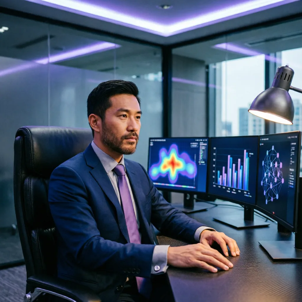 professional businessman analyzing AI generated charts and graphs on multiple monitors