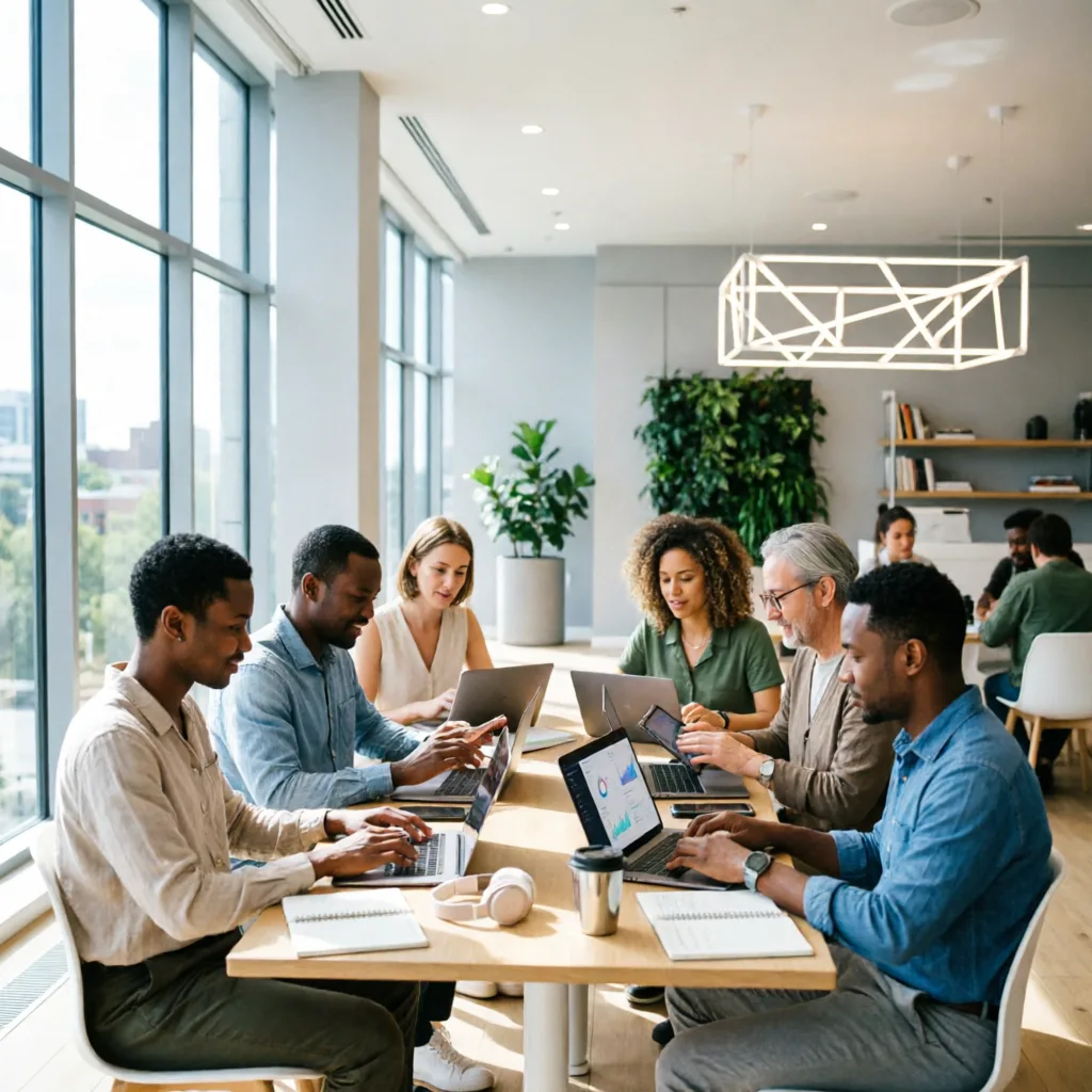 diverse group of digital entrepreneurs collaborating with AI tools on laptops and tablets