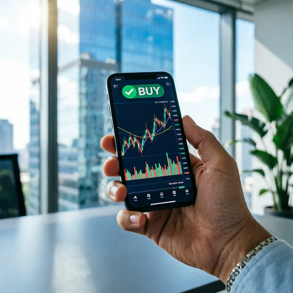 smartphone screen showing AI trading app with green buy signal and financial charts