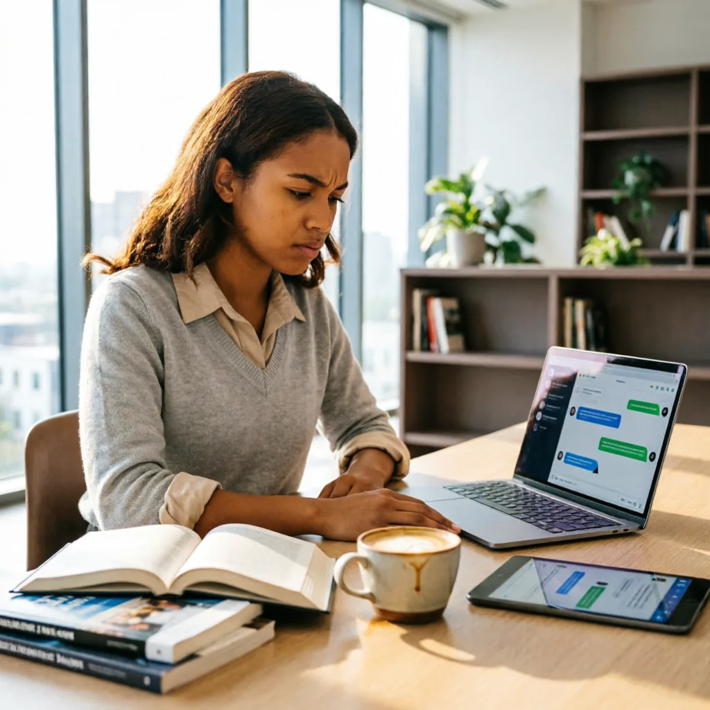 A focused Brazilian student studying at a modern desk with multiple AI chatbot interfaces displayed