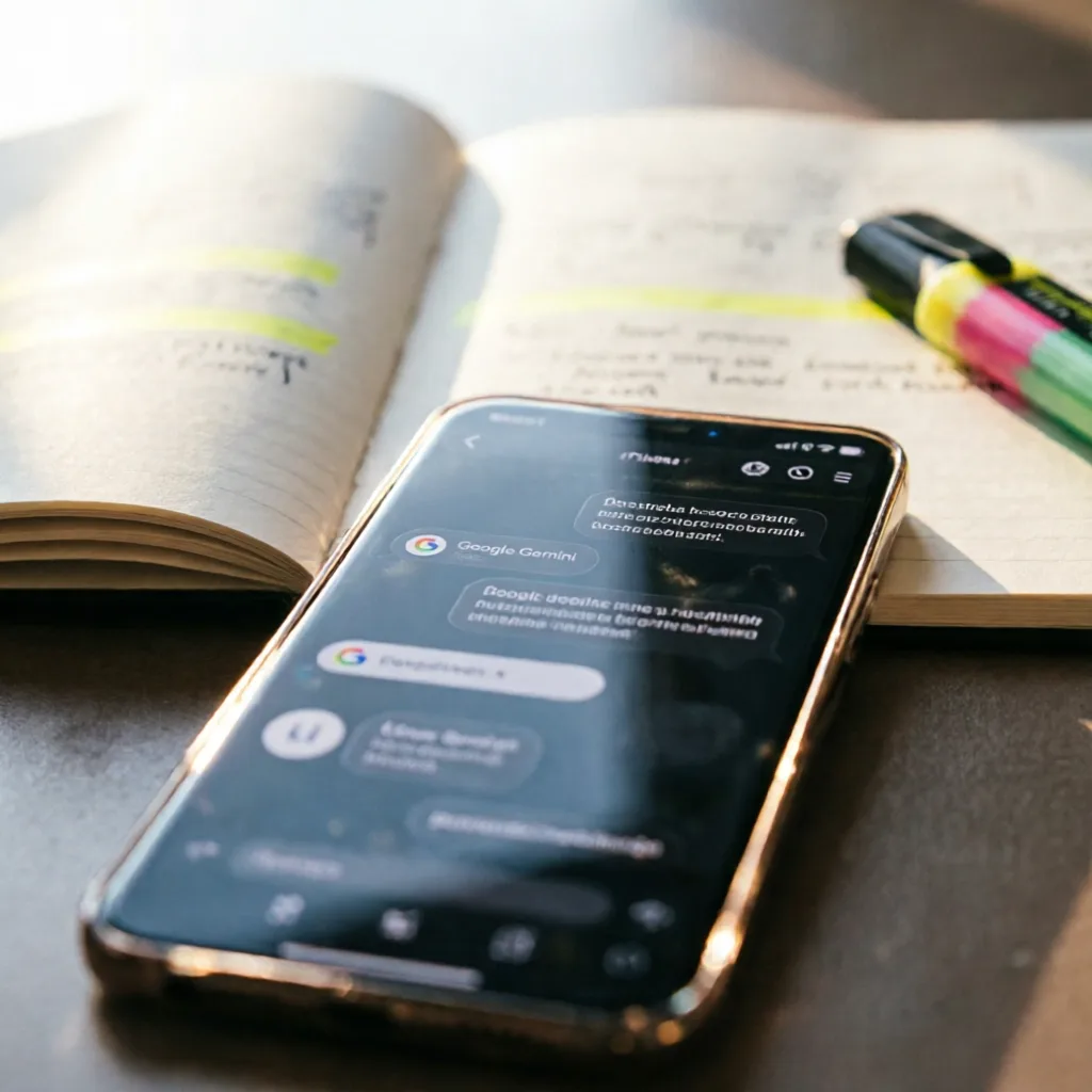 Close-up of a smartphone screen showing Google Gemini AI assistant interface answering a study quest