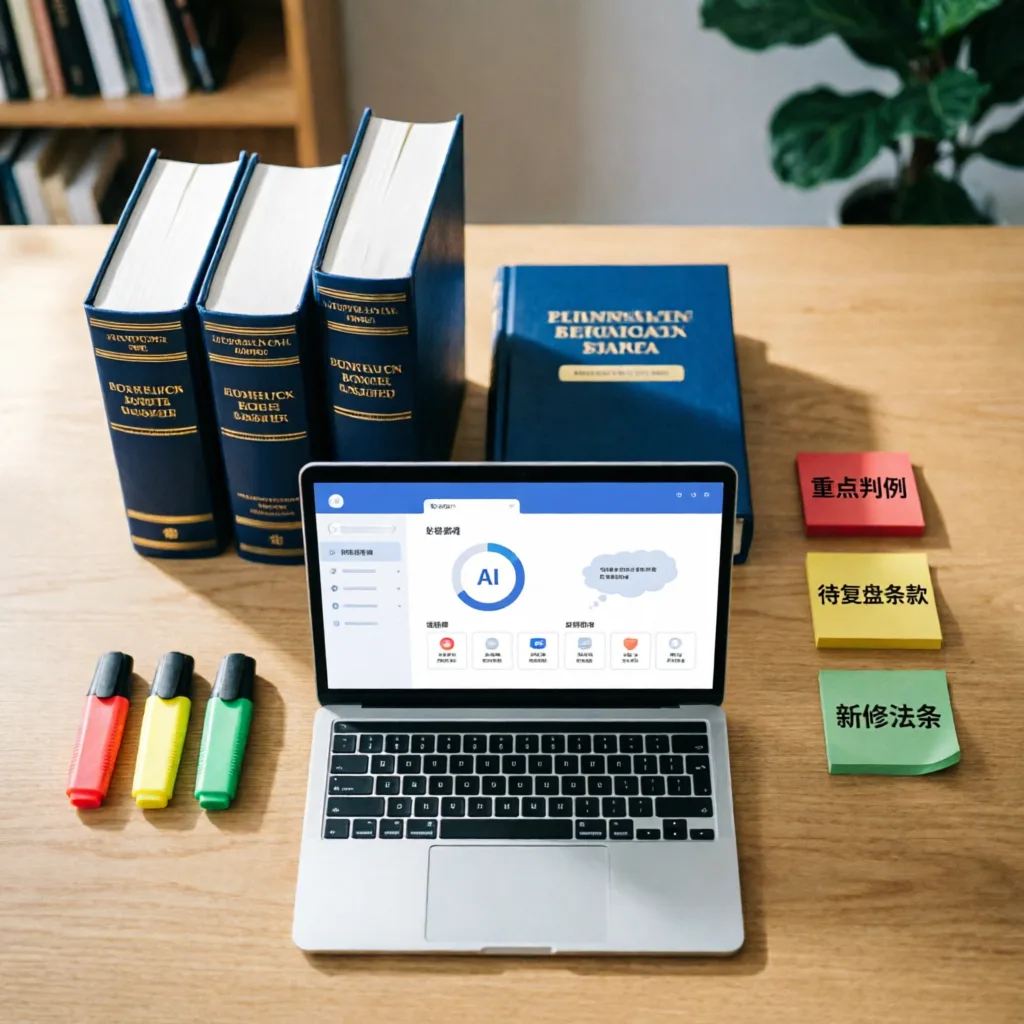 Top-down view of a Brazilian concurseiro's organized study setup with law books