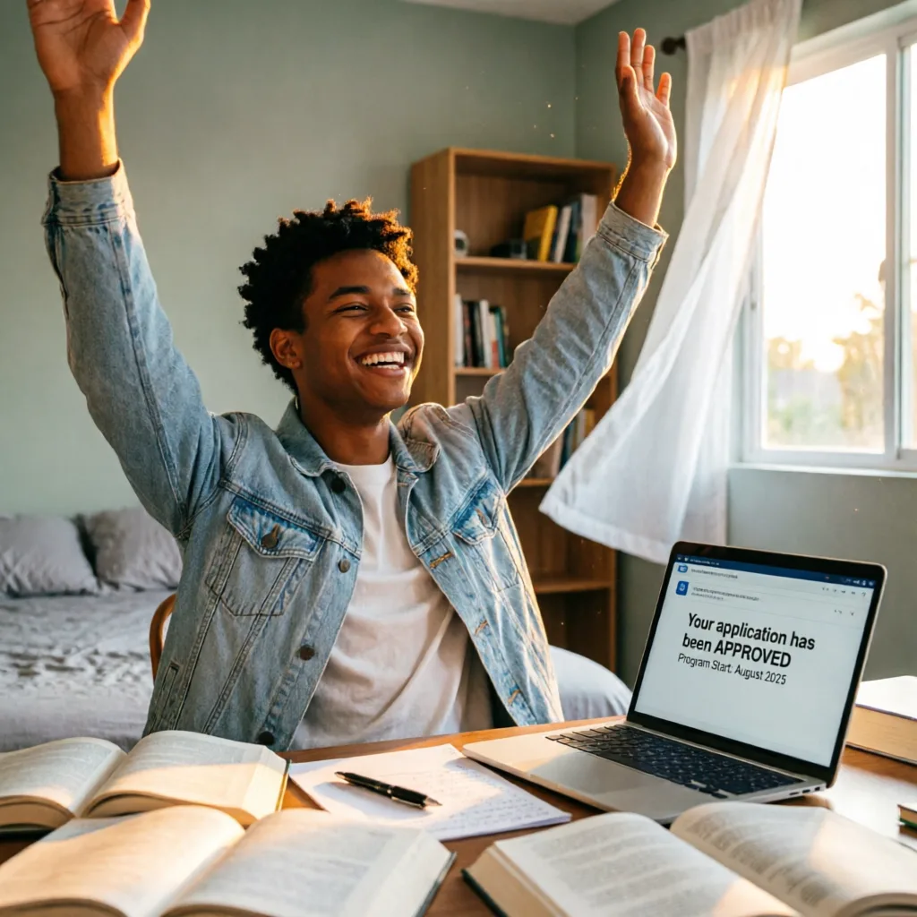 A young Brazilian person celebrating with arms raised in front of a laptop showing approval result o