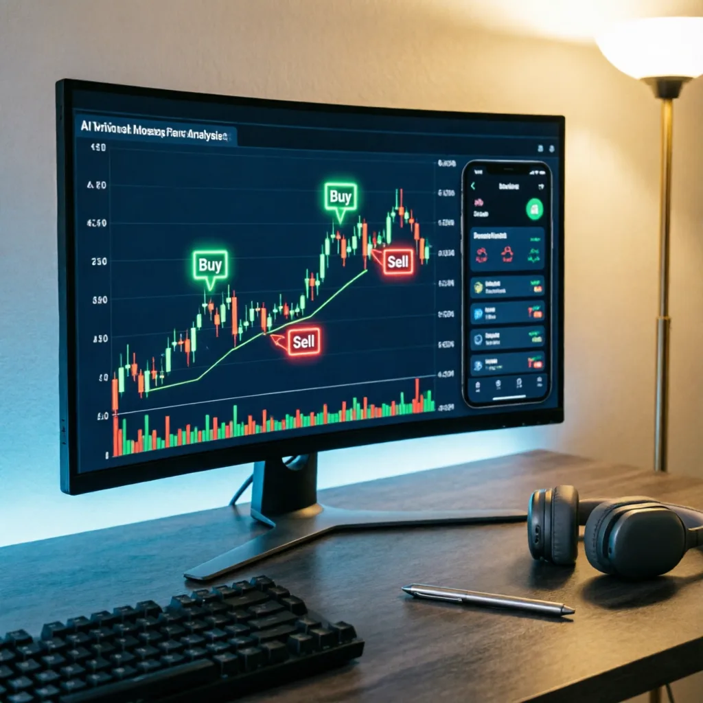 Modern trading dashboard on a curved monitor showing AI-powered chart analysis with buy and sell sig