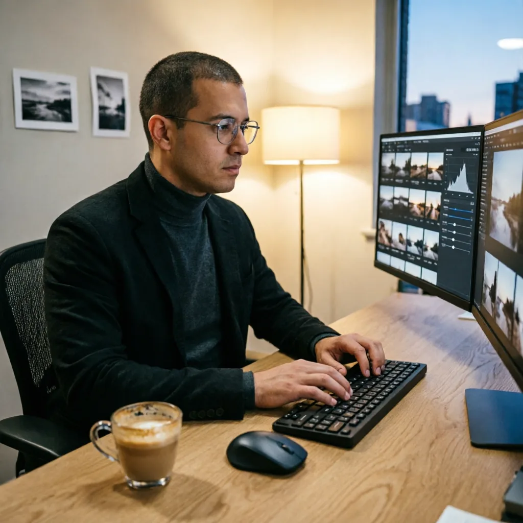 professional photographer editing photos on a modern computer with AI interface