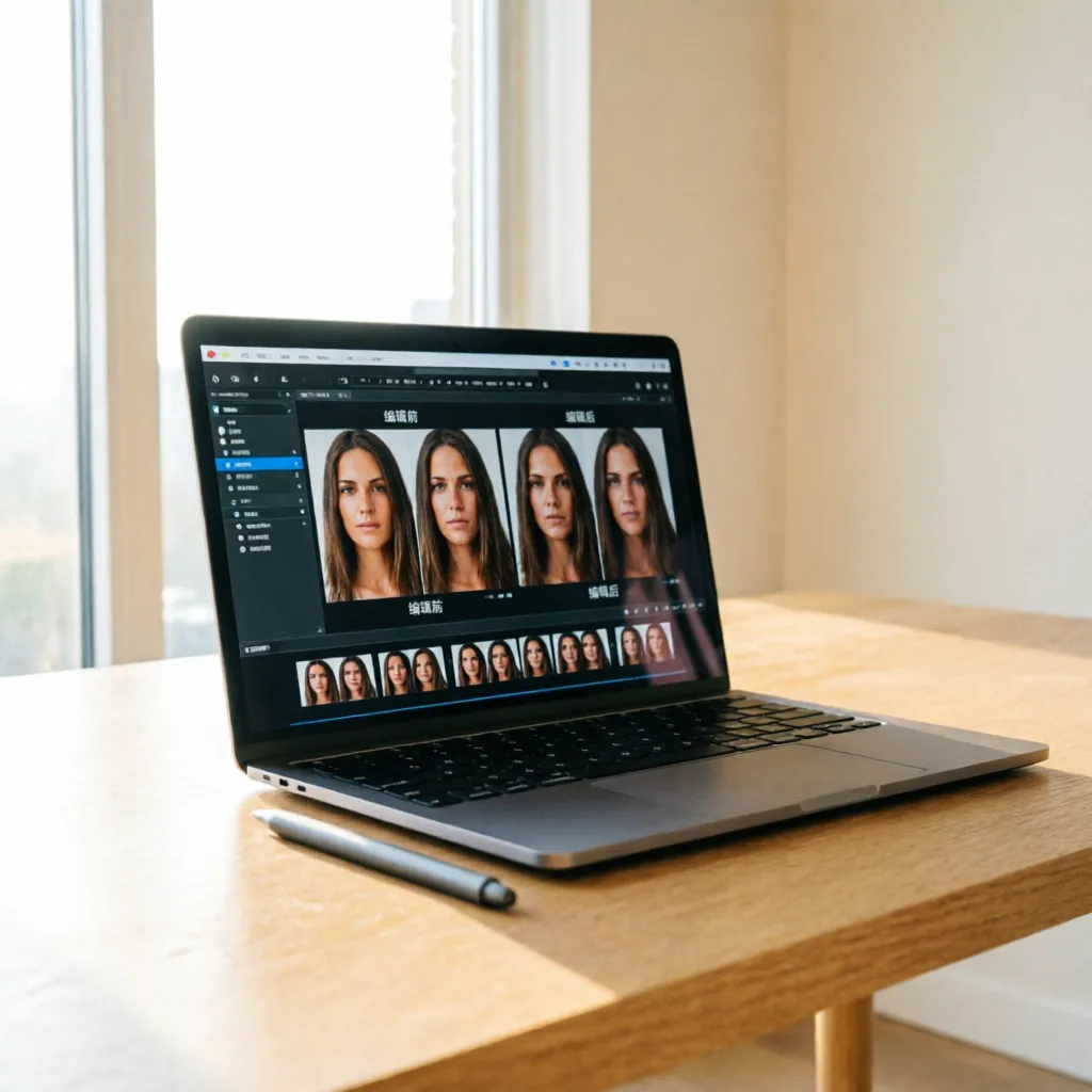 laptop screen displaying AI photo editing software with multiple before and after image comparisons