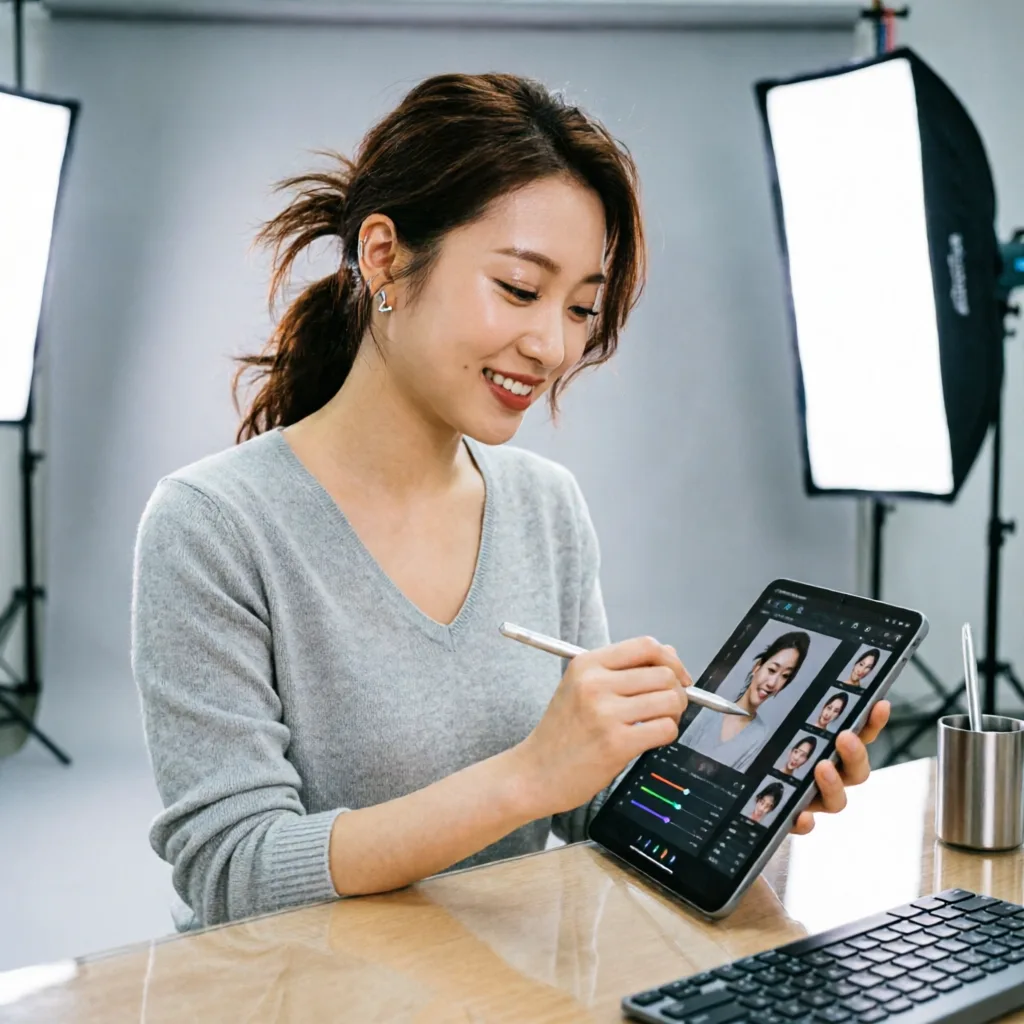 content creator smiling while editing photos on tablet with AI tools