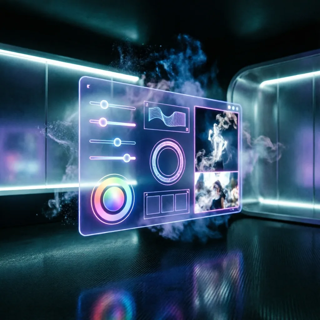 futuristic digital workspace with holographic AI photo editing interface