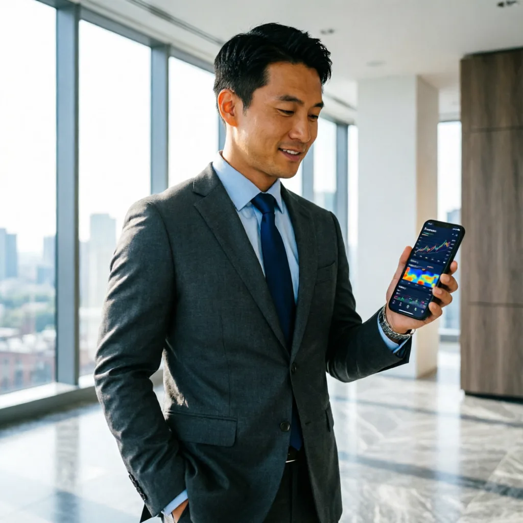 smartphone showing financial trading app with AI analysis charts