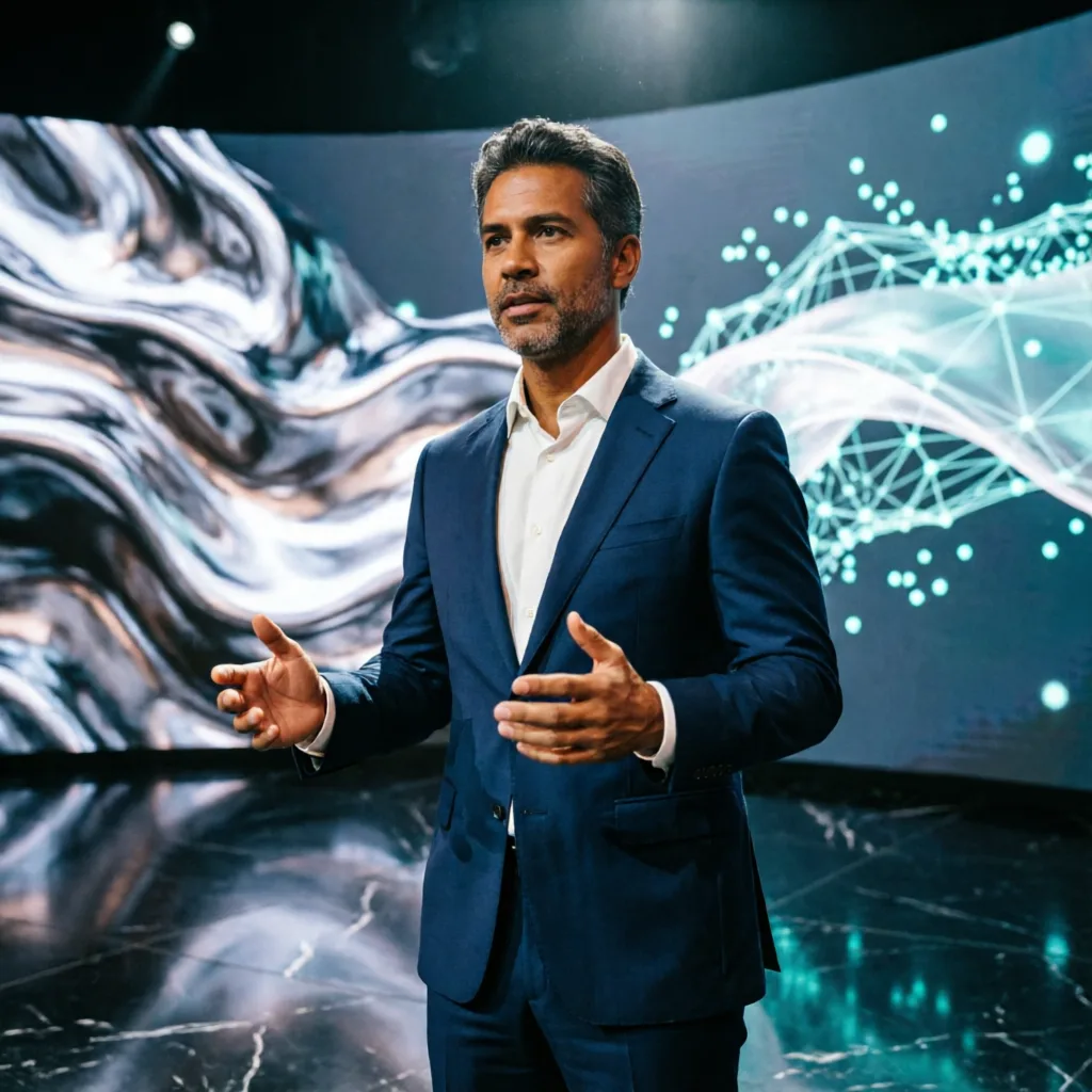 professional brazilian male speaker in his 40s presenting on stage with futuristic AI-generated slid