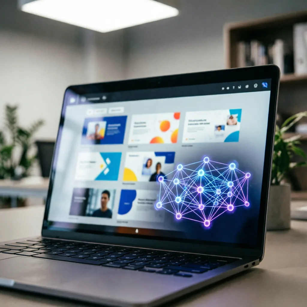 close-up shot of a laptop screen displaying a modern AI presentation tool with colorful slides