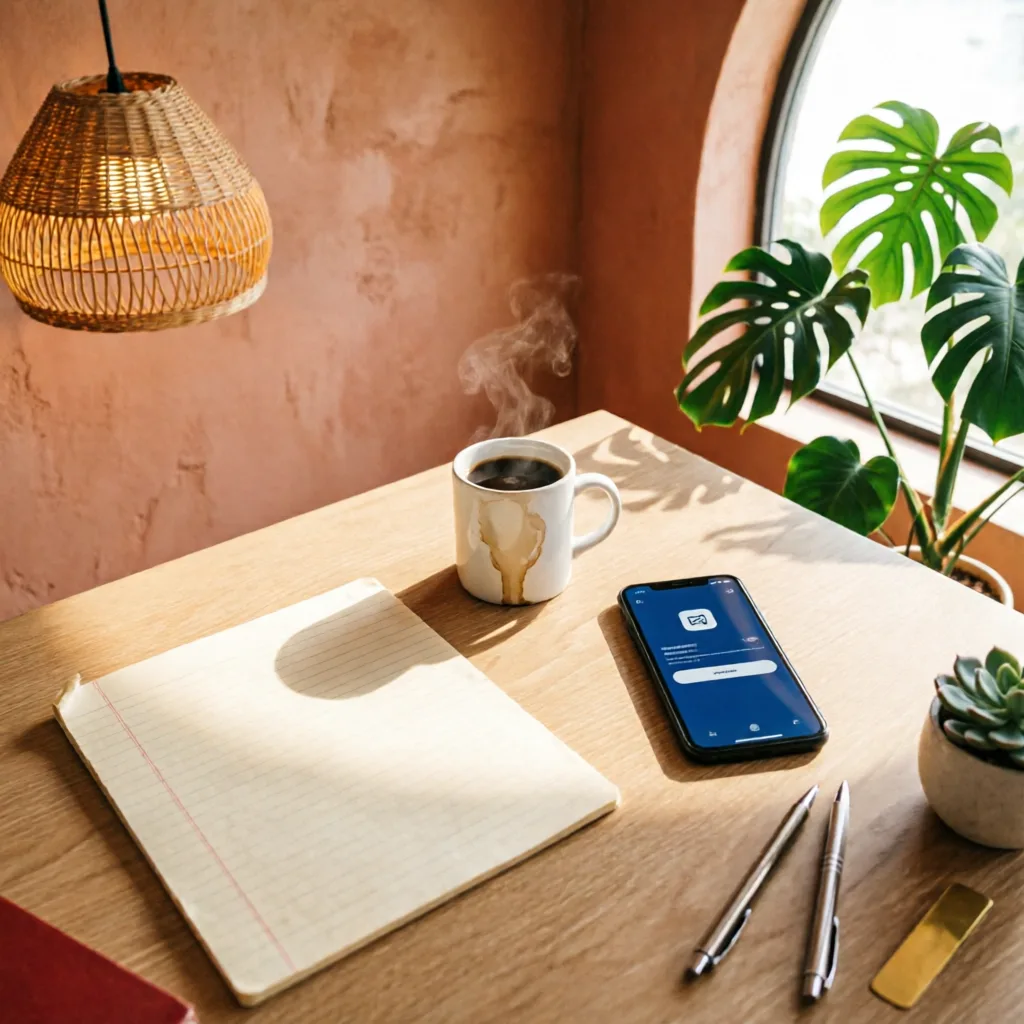 overhead view of a creative workspace with notebook