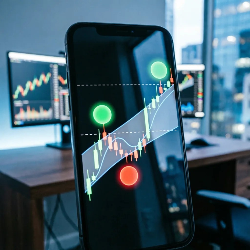 smartphone screen showing a trading chart with AI analysis overlay