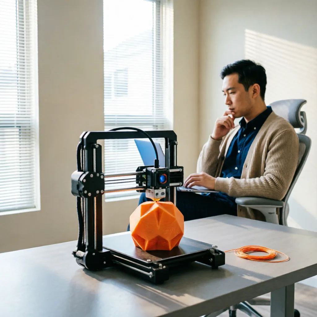 photorealistic cinematic shot of a modern home office with a high-end 3D printer in action