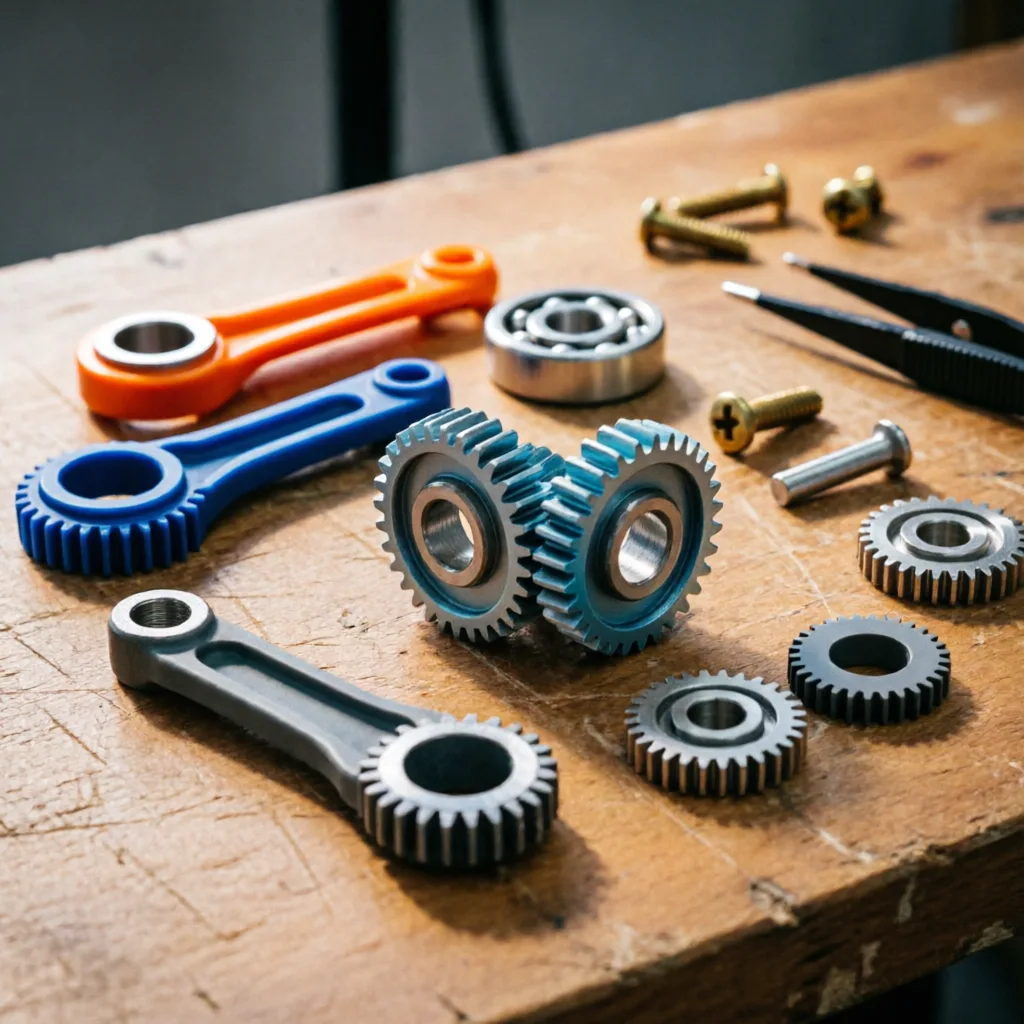 photorealistic close-up of detailed 3D printed mechanical parts in various colors arranged on a wood