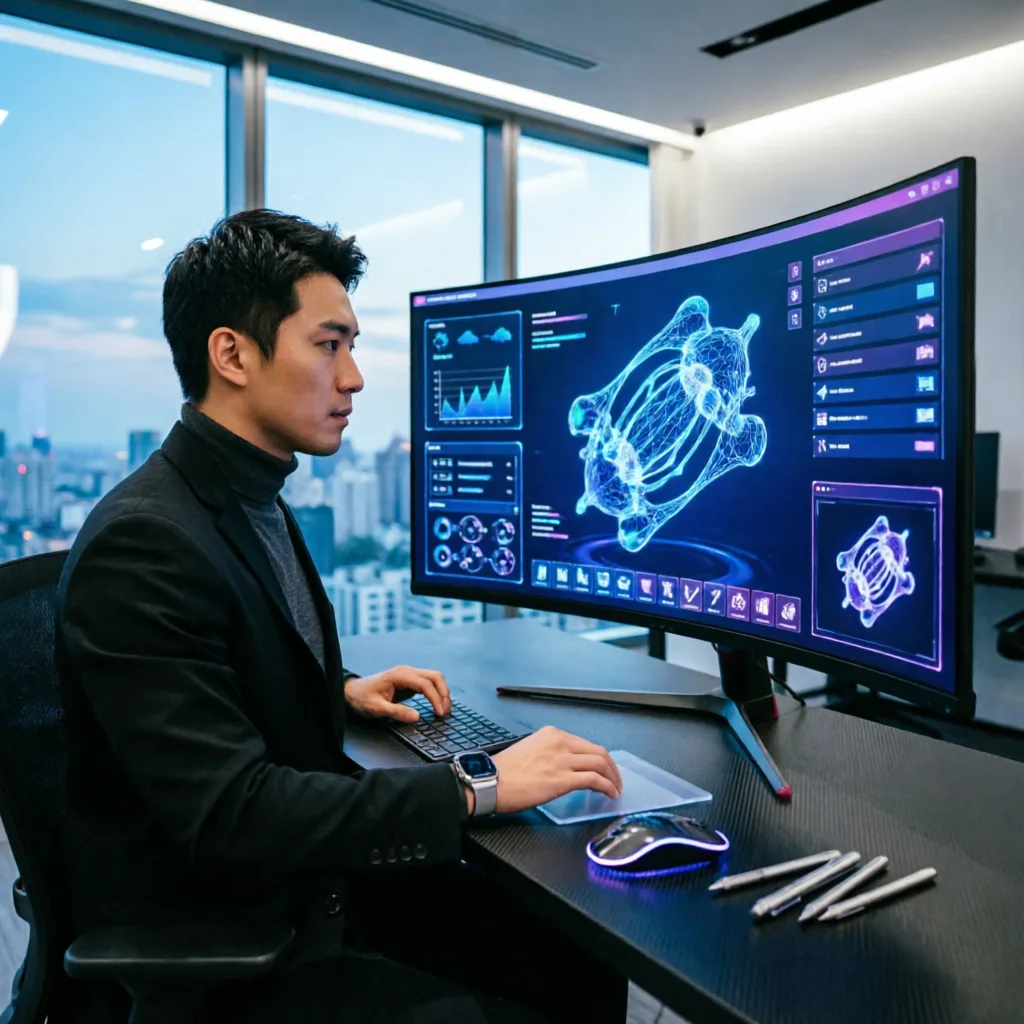 photorealistic image of a person using AI software on a large monitor to design 3D models