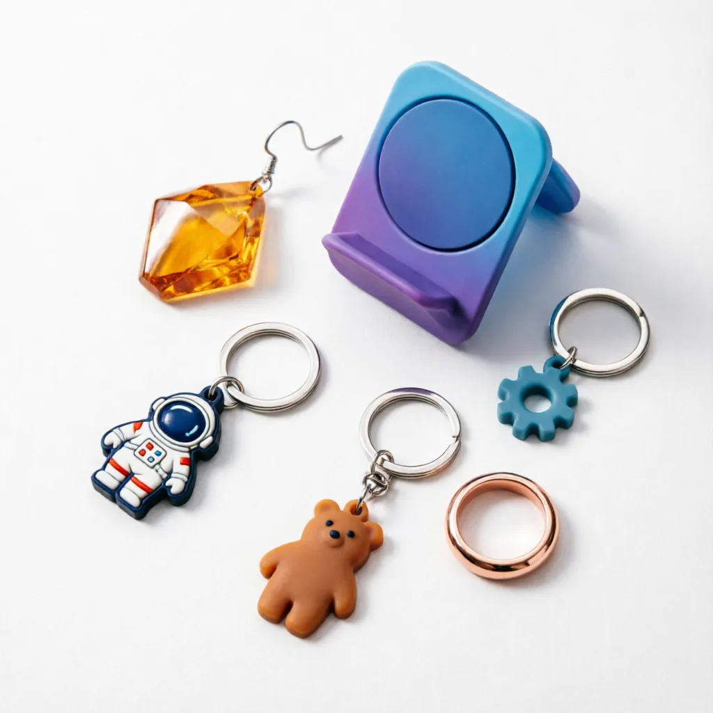 photorealistic image of various colorful 3D printed products laid out as an e-commerce flat lay