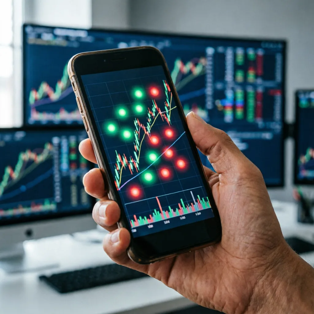 photorealistic image of a smartphone showing a financial trading chart with AI analysis overlay