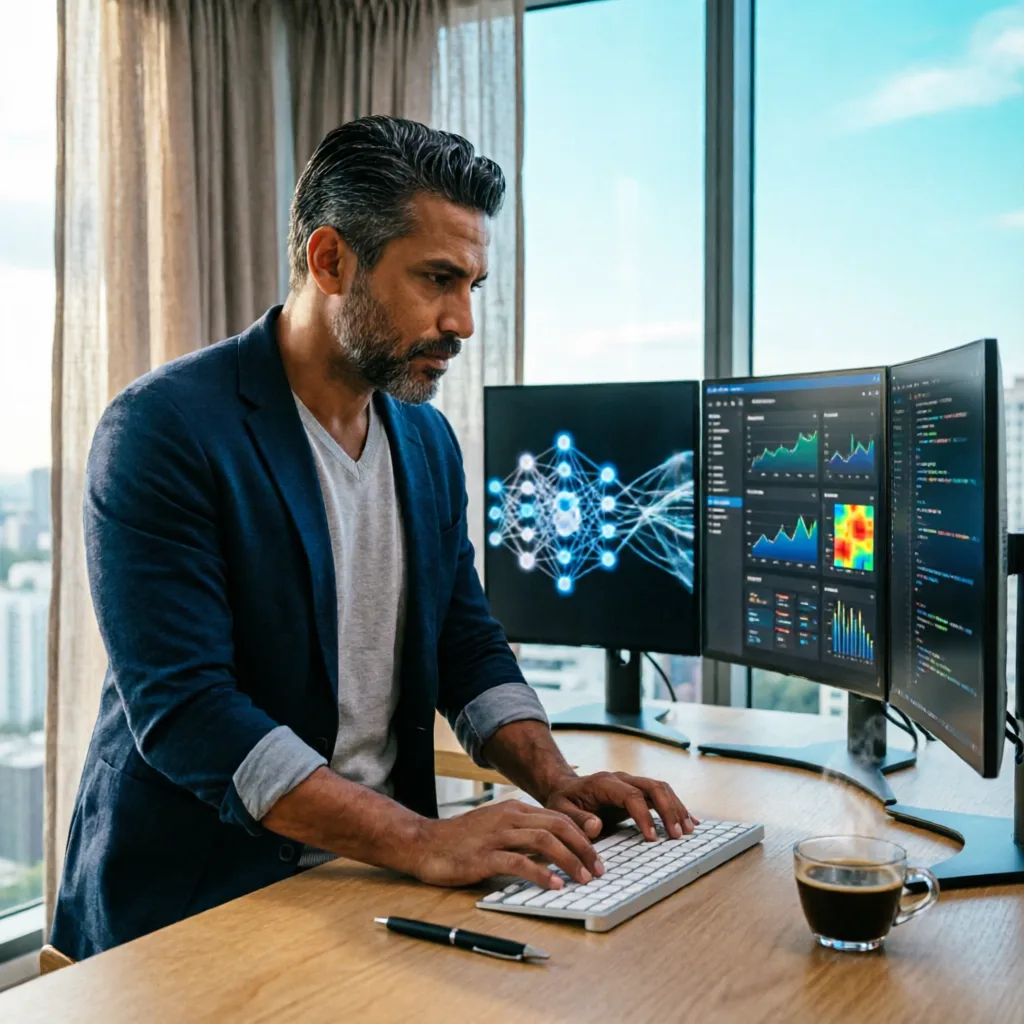 professional brazilian man in his 40s working on multiple monitors with AI dashboards
