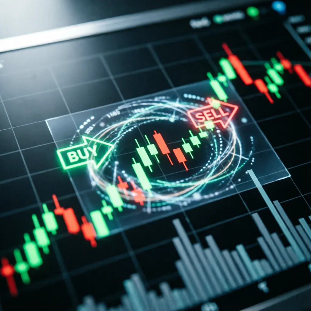 close up of trading chart with candlestick patterns being analyzed by AI overlay