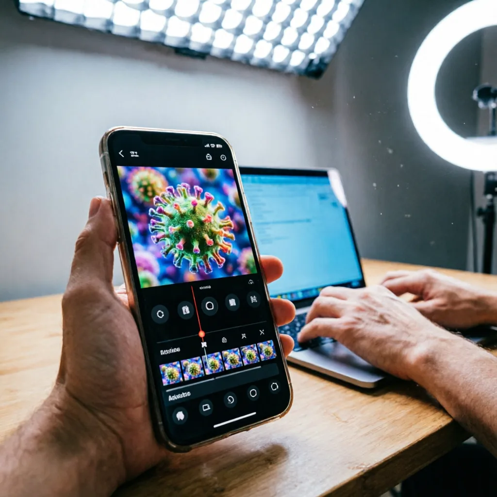 smartphone showing viral short form video being edited with AI tools