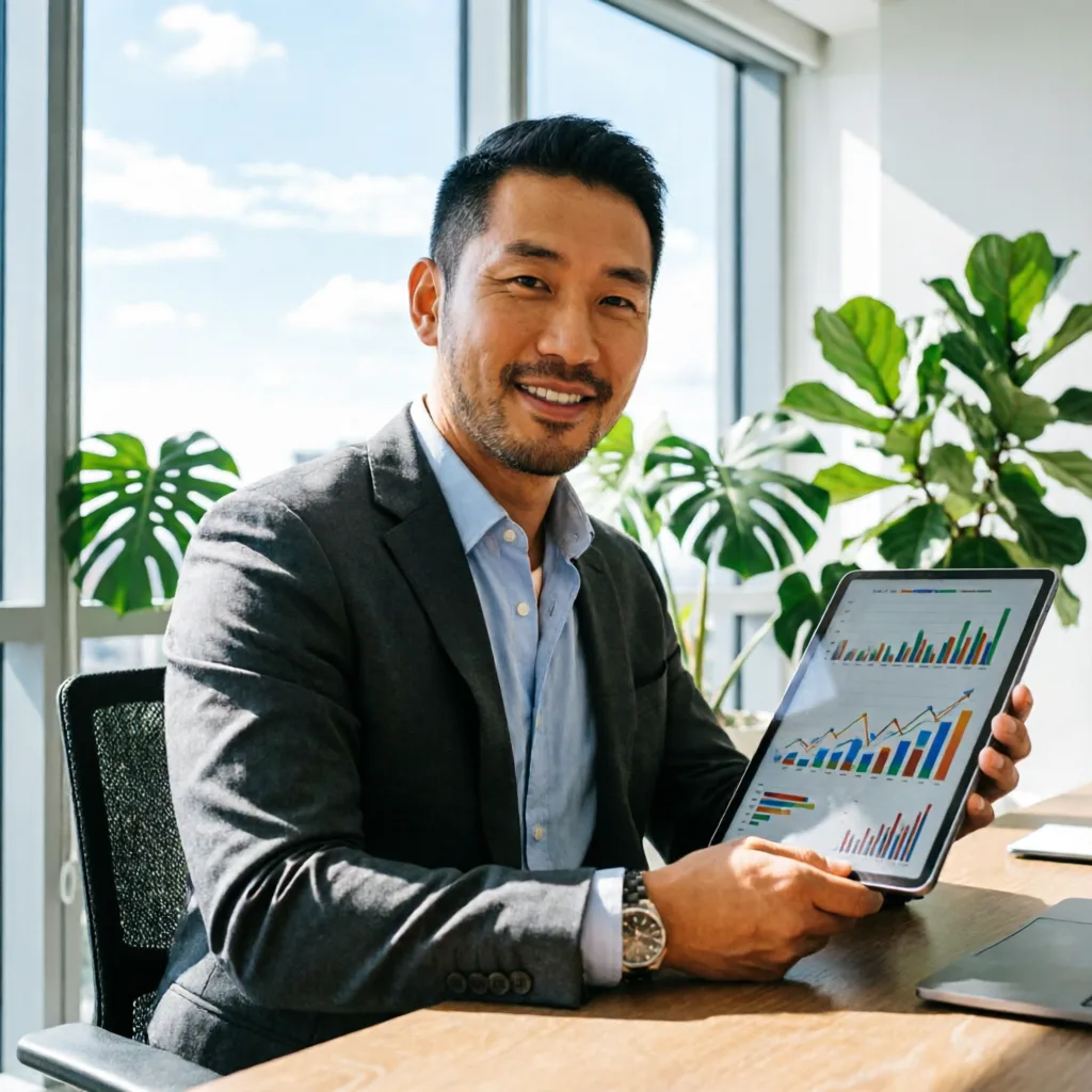 successful entrepreneur reviewing financial growth charts on tablet